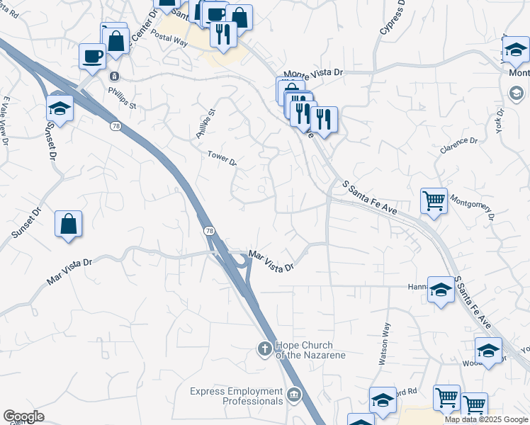 map of restaurants, bars, coffee shops, grocery stores, and more near 1357 Tower Drive in Vista