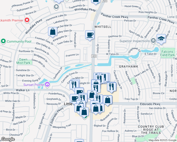 map of restaurants, bars, coffee shops, grocery stores, and more near 2877 Cascade Cove Drive in Little Elm
