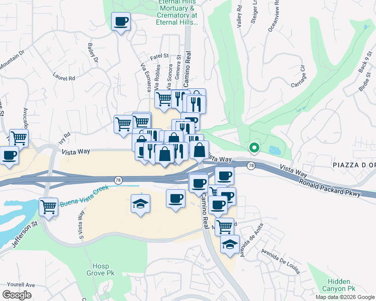 map of restaurants, bars, coffee shops, grocery stores, and more near 2737 Vista Way in Oceanside