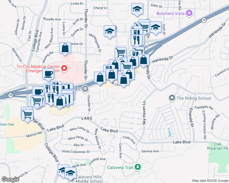 map of restaurants, bars, coffee shops, grocery stores, and more near 3424 Del Este Way in Oceanside