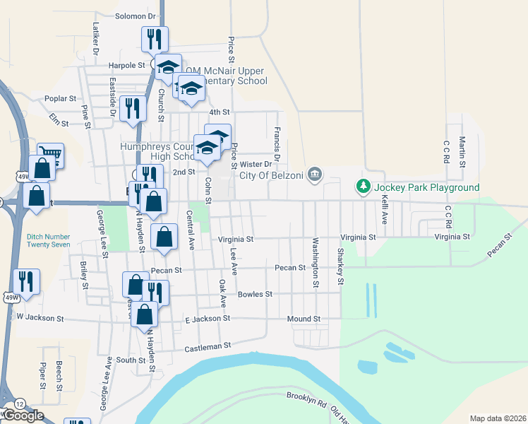 map of restaurants, bars, coffee shops, grocery stores, and more near 603 Rutherford Street in Belzoni