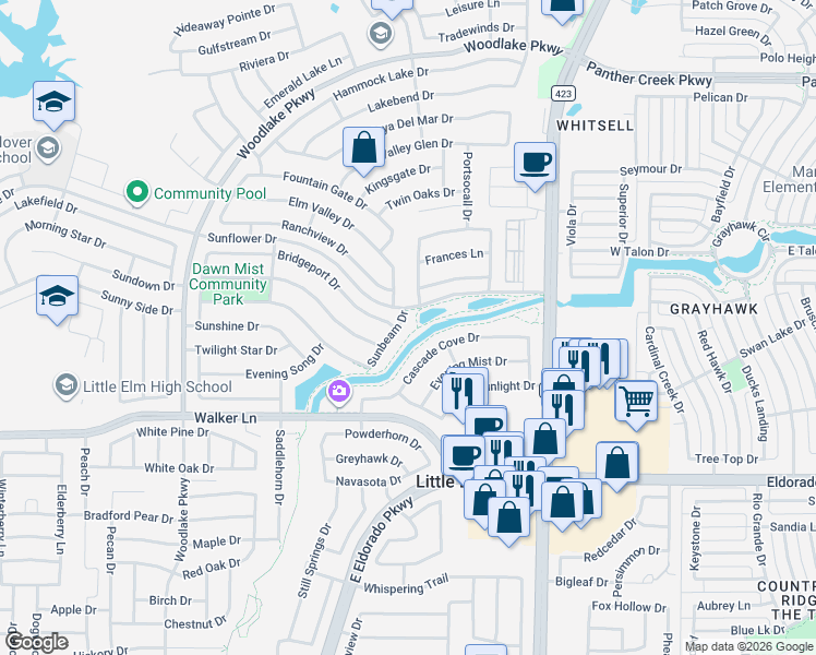 map of restaurants, bars, coffee shops, grocery stores, and more near 2752 Sunbeam Drive in Little Elm
