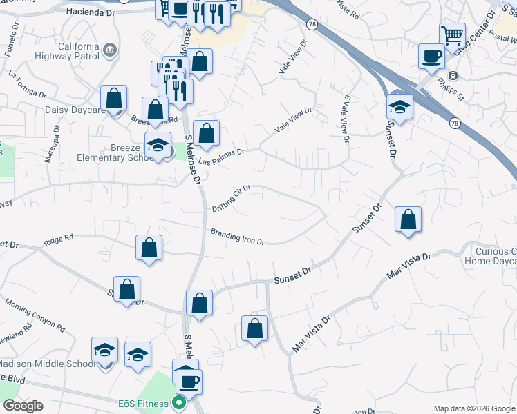 map of restaurants, bars, coffee shops, grocery stores, and more near 760 Rocking Horse Road in Vista