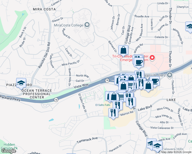 map of restaurants, bars, coffee shops, grocery stores, and more near 3766 Vista Way in Oceanside