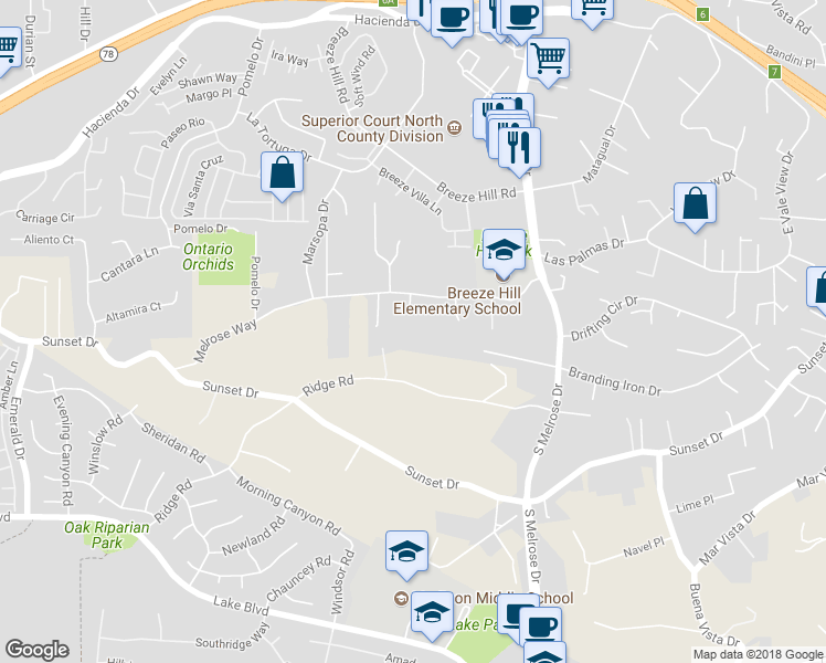 map of restaurants, bars, coffee shops, grocery stores, and more near 1244 Melrose Way in Vista