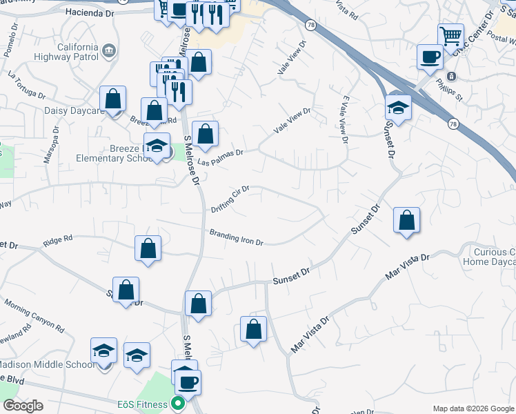 map of restaurants, bars, coffee shops, grocery stores, and more near 760 Rocking Horse Road in Vista