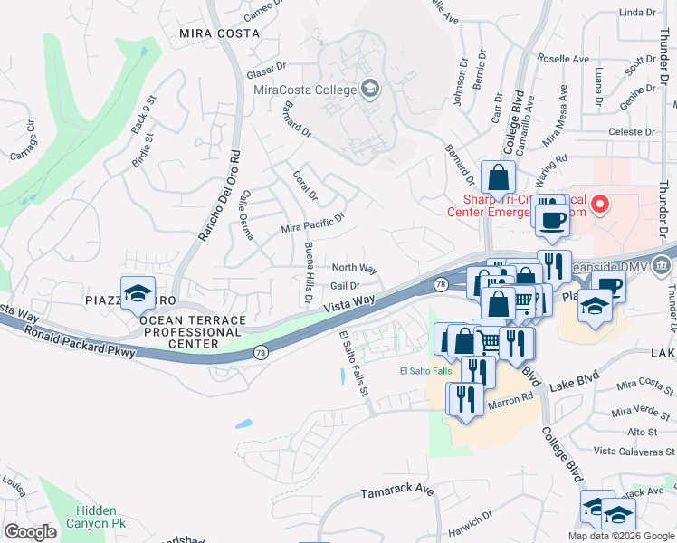 map of restaurants, bars, coffee shops, grocery stores, and more near 3770 Gail Drive in Oceanside