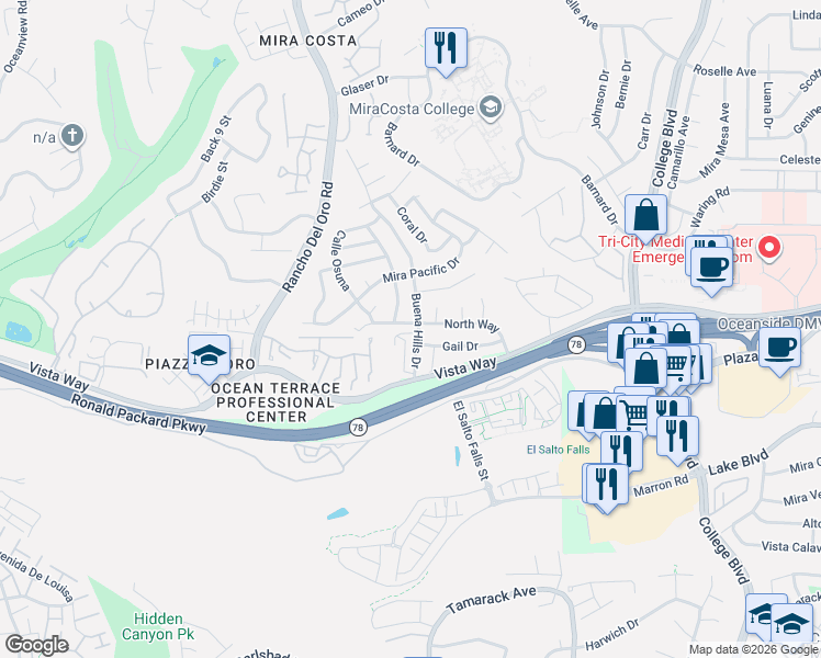 map of restaurants, bars, coffee shops, grocery stores, and more near 3303 Buena Hills Drive in Oceanside