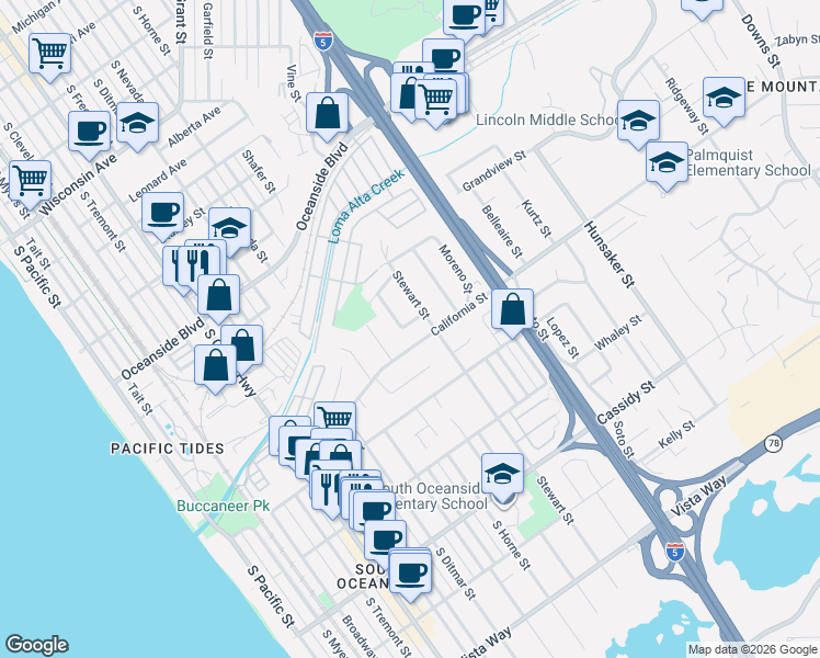 map of restaurants, bars, coffee shops, grocery stores, and more near 1117 Camelia Street in Oceanside