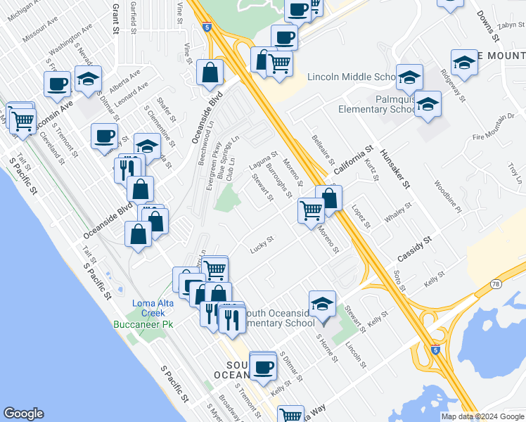 map of restaurants, bars, coffee shops, grocery stores, and more near 1117 Camelia Street in Oceanside