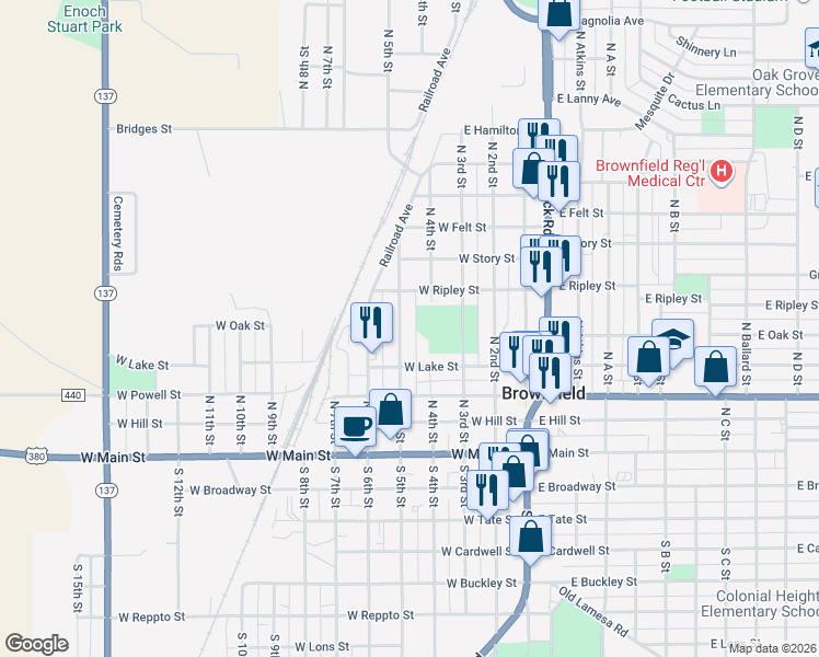 map of restaurants, bars, coffee shops, grocery stores, and more near 502 North 5th Street in Brownfield