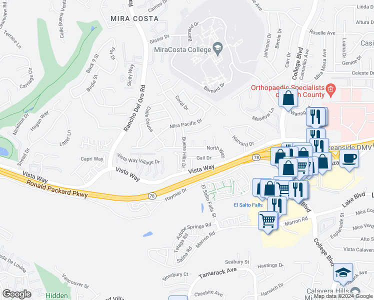map of restaurants, bars, coffee shops, grocery stores, and more near 3651 North Way in Oceanside