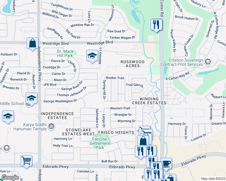 map of restaurants, bars, coffee shops, grocery stores, and more near 12888 Ridge Spring Drive in Frisco