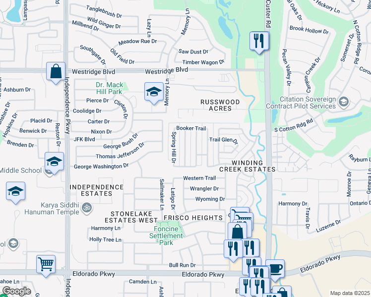 map of restaurants, bars, coffee shops, grocery stores, and more near 12888 Ridge Spring Drive in Frisco