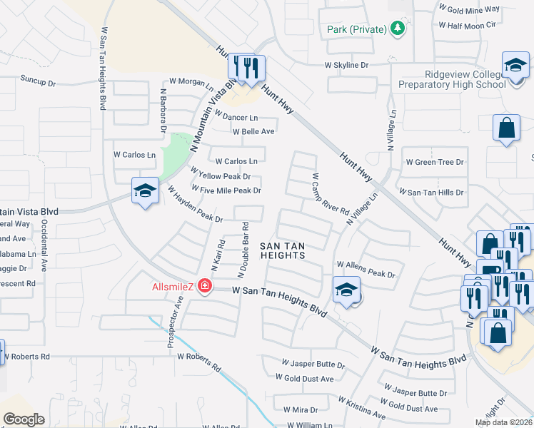 map of restaurants, bars, coffee shops, grocery stores, and more near 33363 North Washington View Road in Queen Creek