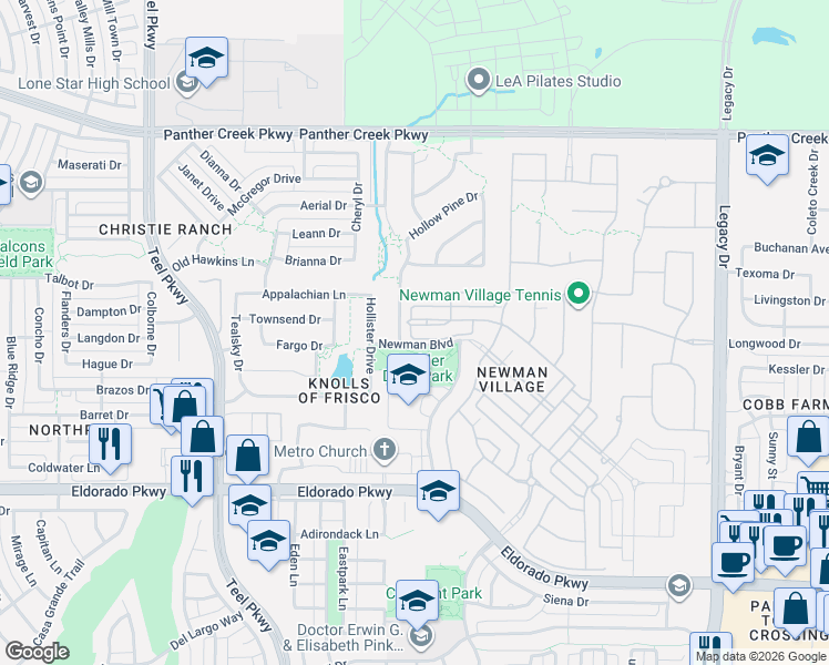map of restaurants, bars, coffee shops, grocery stores, and more near 3469 Greenbrier Drive in Frisco