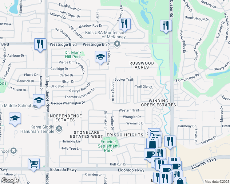 map of restaurants, bars, coffee shops, grocery stores, and more near 12876 Spring Hill Drive in Frisco