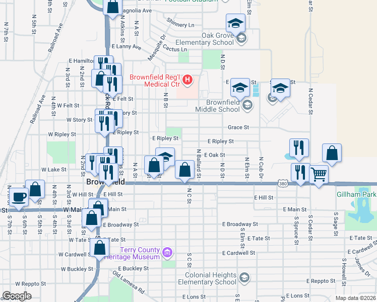 map of restaurants, bars, coffee shops, grocery stores, and more near 708 East Oak Street in Brownfield