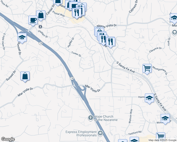 map of restaurants, bars, coffee shops, grocery stores, and more near 1357 Tower Drive in Vista