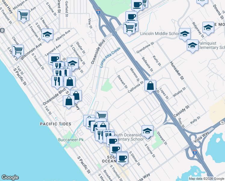 map of restaurants, bars, coffee shops, grocery stores, and more near 1417 Marshall Street in Oceanside