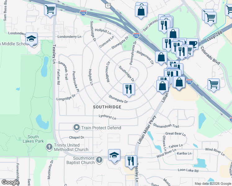 map of restaurants, bars, coffee shops, grocery stores, and more near 2209 Stonegate Drive in Denton