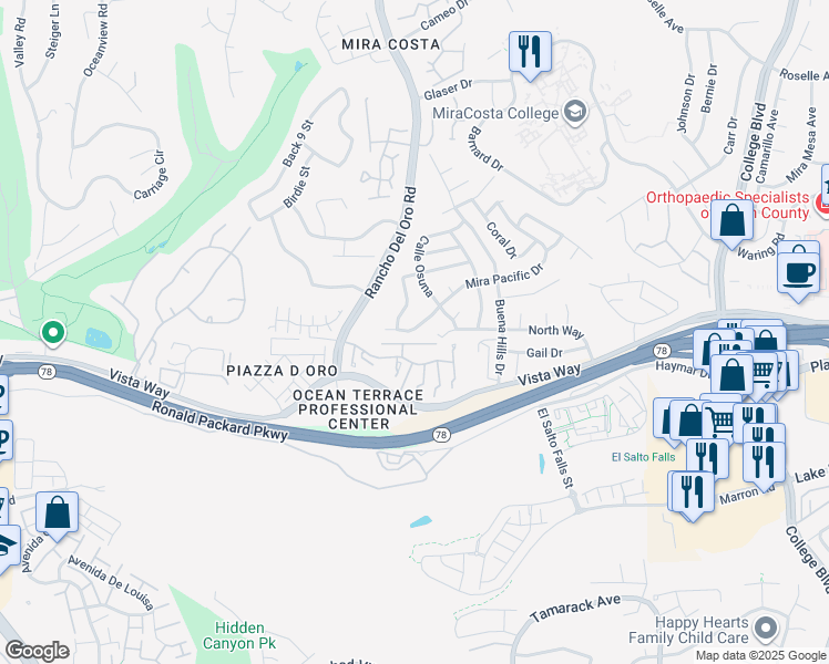 map of restaurants, bars, coffee shops, grocery stores, and more near 3541 Mira Pacific Drive in Oceanside