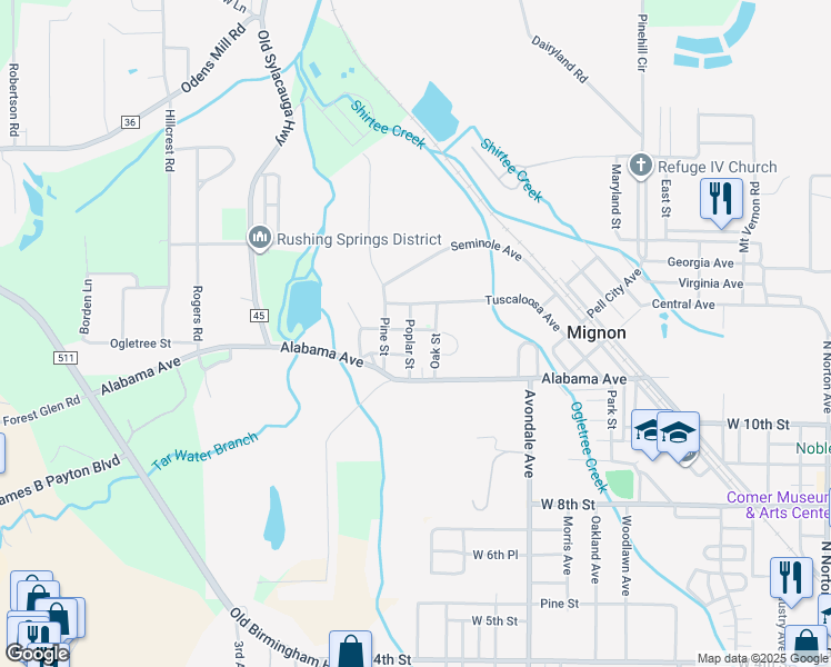 map of restaurants, bars, coffee shops, grocery stores, and more near 210 Pine Street in Sylacauga