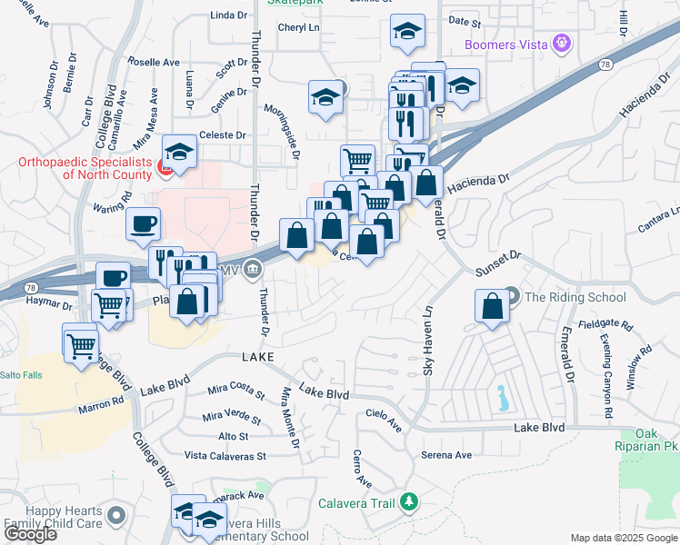 map of restaurants, bars, coffee shops, grocery stores, and more near 3414 Del Este Way in Oceanside