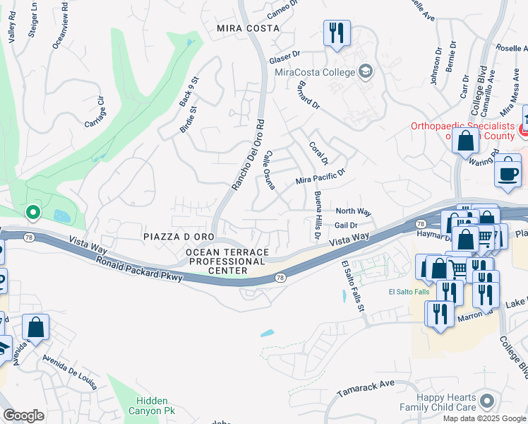 map of restaurants, bars, coffee shops, grocery stores, and more near 3541 Mira Pacific Drive in Oceanside