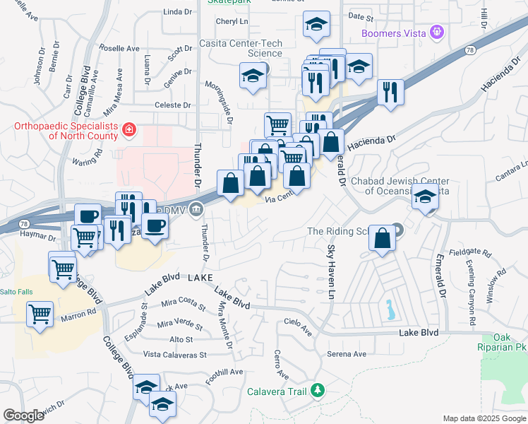 map of restaurants, bars, coffee shops, grocery stores, and more near 3414 Del Este Way in Oceanside