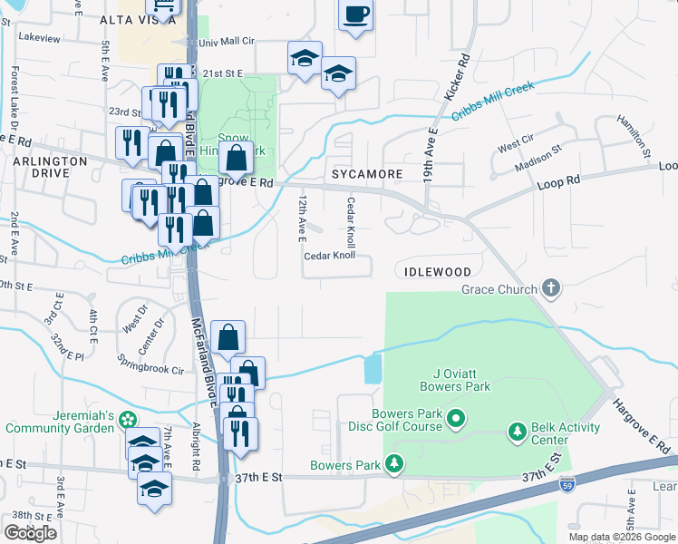 map of restaurants, bars, coffee shops, grocery stores, and more near 30 Cedar Knoll in Tuscaloosa