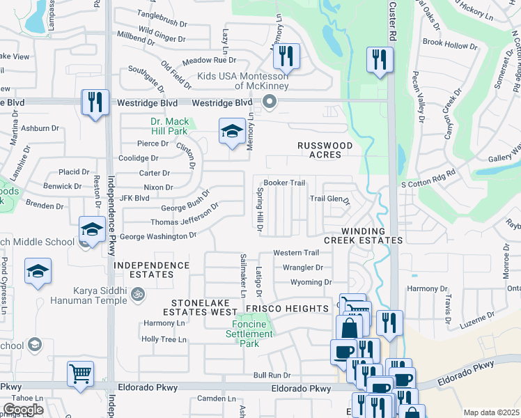 map of restaurants, bars, coffee shops, grocery stores, and more near 12876 Spring Hill Drive in Frisco