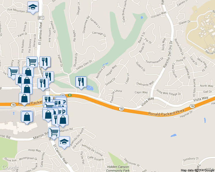 map of restaurants, bars, coffee shops, grocery stores, and more near 2344 Snead Drive in Oceanside