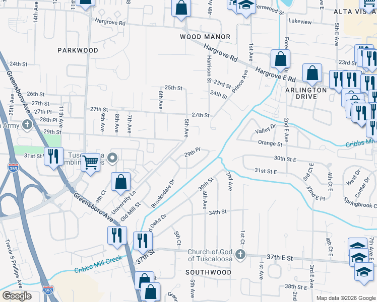 map of restaurants, bars, coffee shops, grocery stores, and more near 2910 5th Avenue in Tuscaloosa