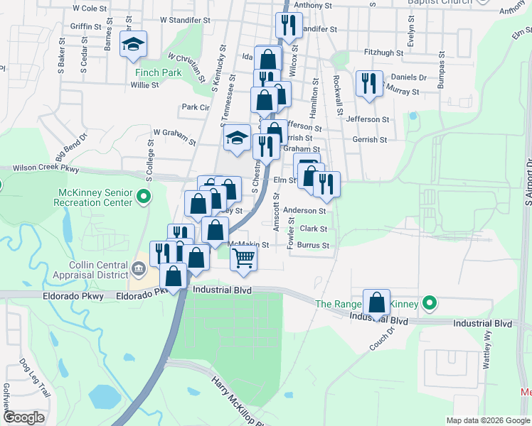 map of restaurants, bars, coffee shops, grocery stores, and more near 1450 Amscott Street in McKinney