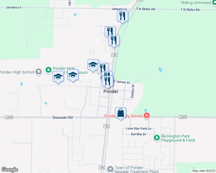 map of restaurants, bars, coffee shops, grocery stores, and more near 104 West Bailey Street in Ponder