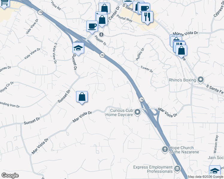 map of restaurants, bars, coffee shops, grocery stores, and more near 1051 Crest View Road in Vista