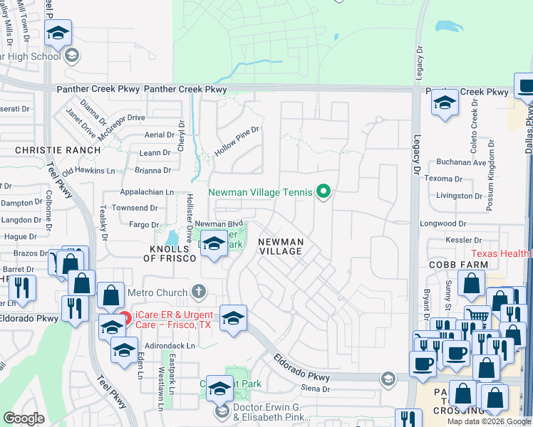 map of restaurants, bars, coffee shops, grocery stores, and more near 12650 Winding Hollow Lane in Frisco