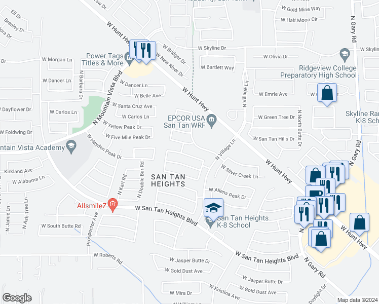map of restaurants, bars, coffee shops, grocery stores, and more near 2764 West Silver Creek Lane in Queen Creek