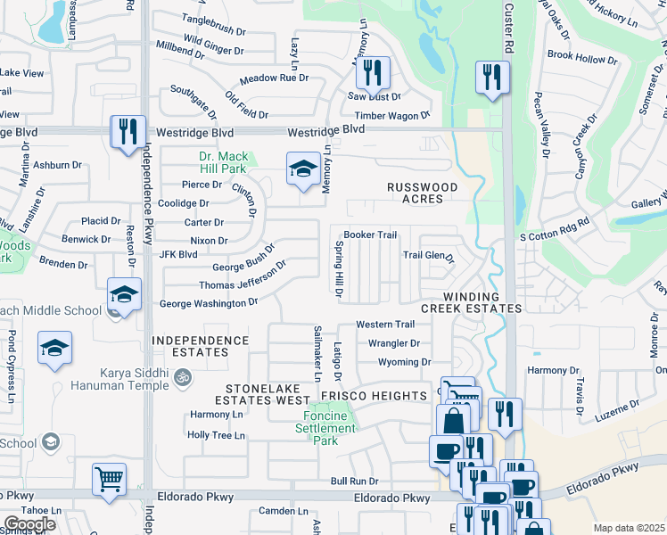 map of restaurants, bars, coffee shops, grocery stores, and more near 12905 Spring Hill Drive in Frisco
