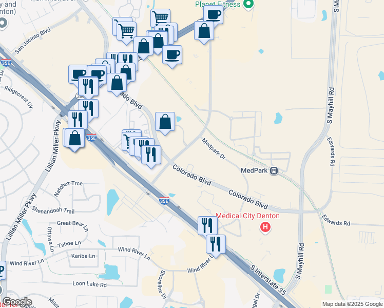 map of restaurants, bars, coffee shops, grocery stores, and more near 2505 Brinker Road in Denton