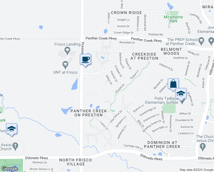 map of restaurants, bars, coffee shops, grocery stores, and more near 12736 Drexel Street in Frisco