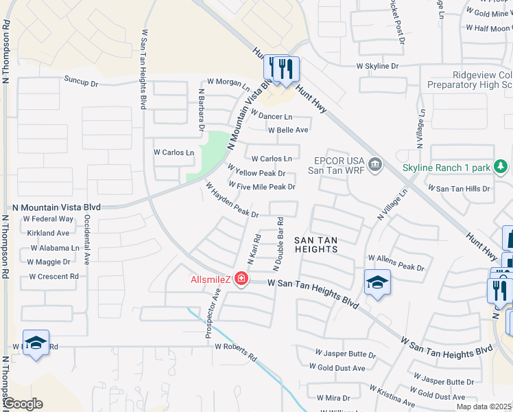 map of restaurants, bars, coffee shops, grocery stores, and more near 3301 West Hayden Peak Drive in Queen Creek