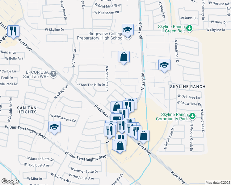 map of restaurants, bars, coffee shops, grocery stores, and more near 1859 West Desert Canyon Drive in Queen Creek