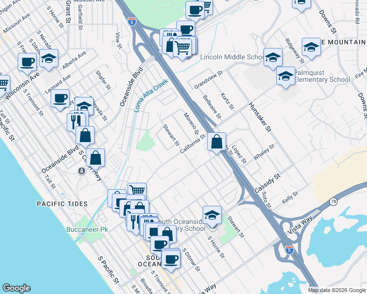 map of restaurants, bars, coffee shops, grocery stores, and more near 1503 Stewart Street in Oceanside