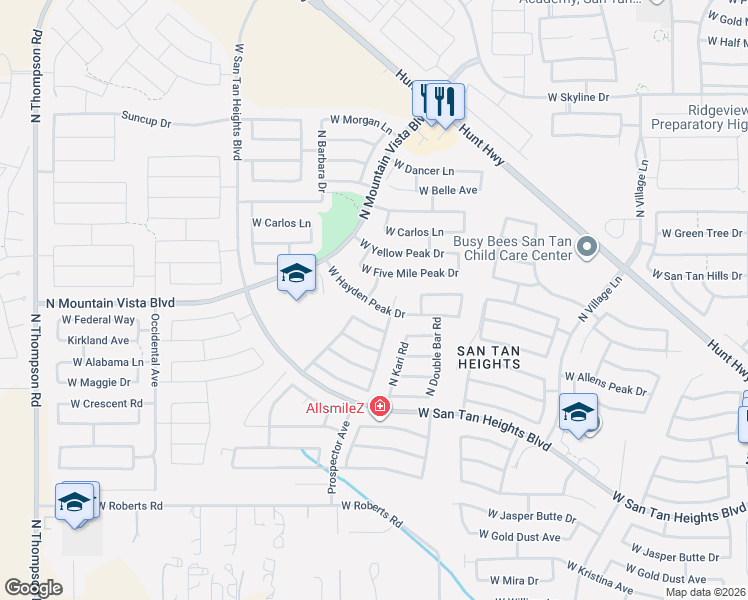 map of restaurants, bars, coffee shops, grocery stores, and more near 3528 West Allens Peak Drive in San Tan Valley