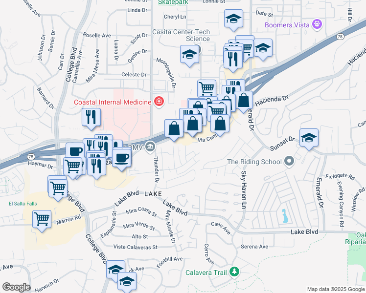 map of restaurants, bars, coffee shops, grocery stores, and more near 3408 Los Mochis Way in Oceanside