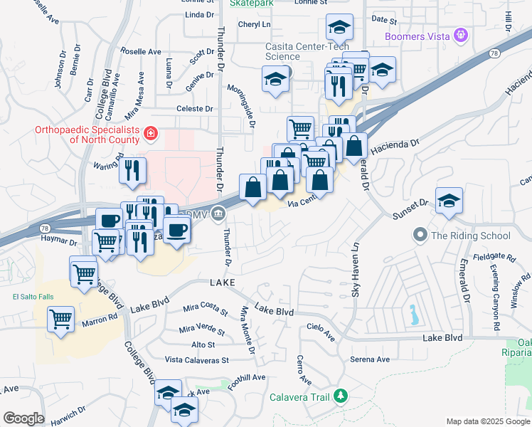 map of restaurants, bars, coffee shops, grocery stores, and more near 3408 Los Mochis Way in Oceanside