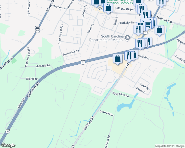map of restaurants, bars, coffee shops, grocery stores, and more near 342 Hickorywood Drive in Moncks Corner