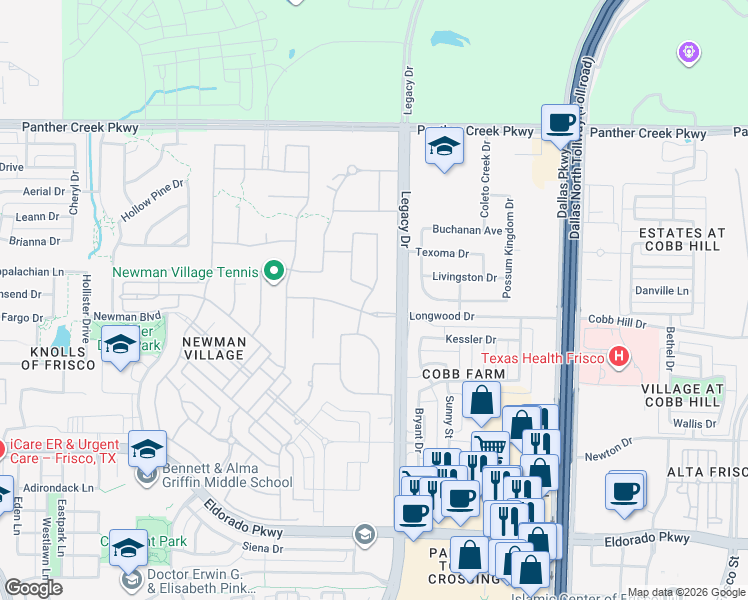map of restaurants, bars, coffee shops, grocery stores, and more near 12650 Timber Crossing Drive in Frisco